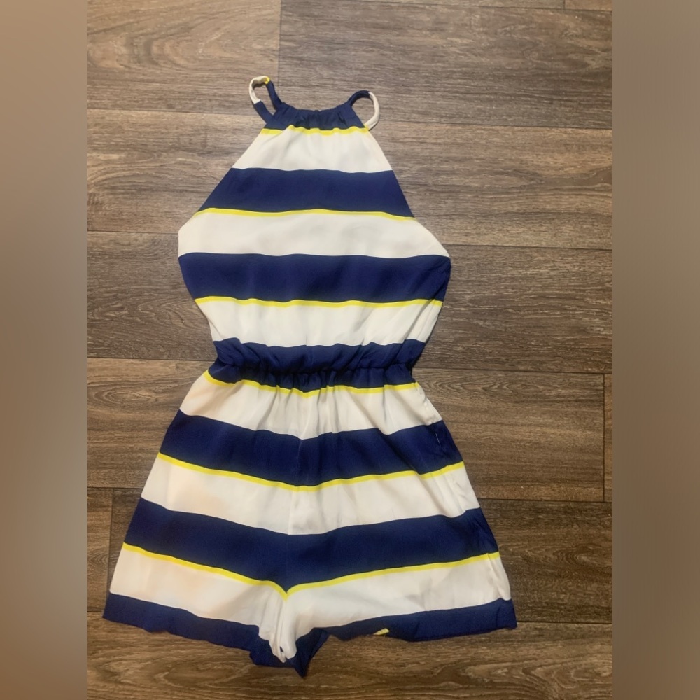 Alice + Olivia Navy, White & Yellow Striped Halter Romper